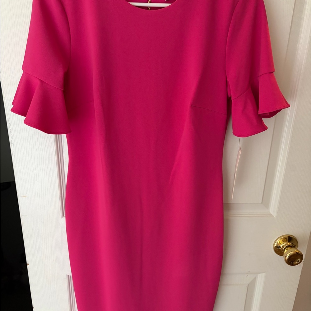 Calvin Klein Hot Pink Ruffle Sleeve Midi Dress